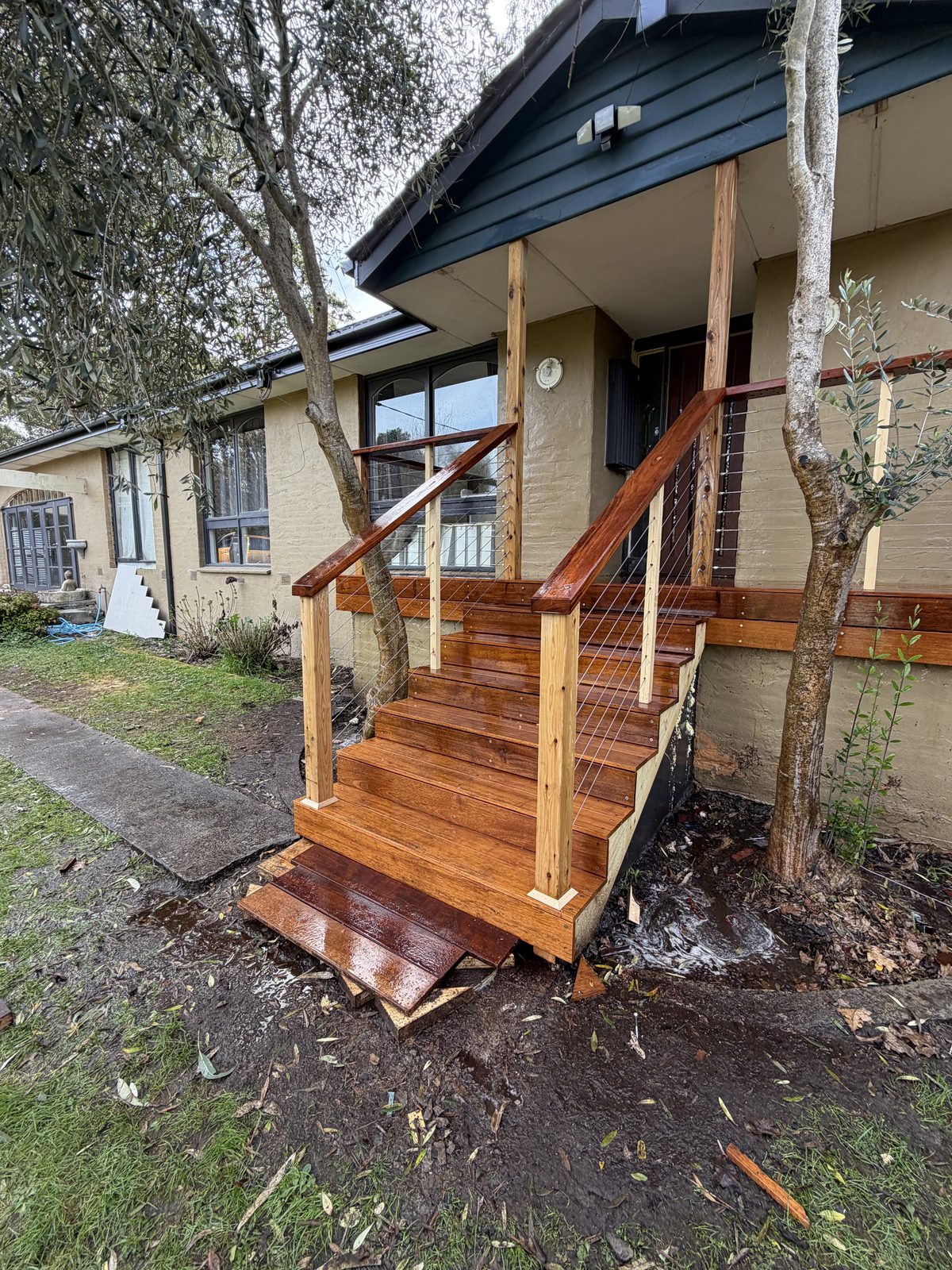 Timber staircase and deck with cable railing